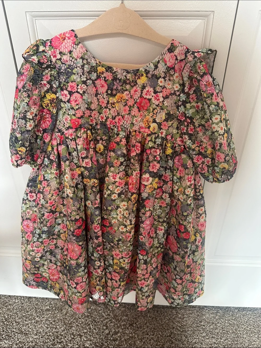 Laura Ashley Floral Puff Sleeve Dress in Black, Pink, Yellow, Green